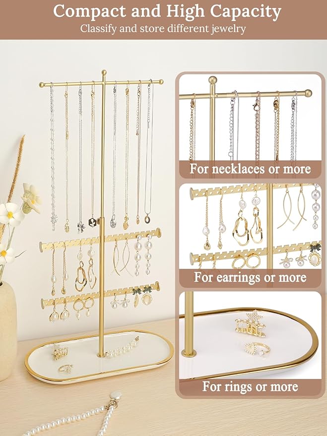 Jenseits Gold Jewelry Organizer Stand with Ceramic Tray – Cute Jewelry Holder for Necklaces, Earrings, Rings & Bracelets, Decorative Jewelry Display for Vanity Dresser, Great Gift for Women & Girls