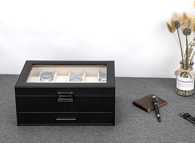 Voova Jewelry Box Organizer for Men Women, 2 Layer Large 12 Slot PU Leather Watch Storage Case, Glass Top Jewelry Display Holder for Watches Sunglasses Rings Necklaces Bracelets,Black