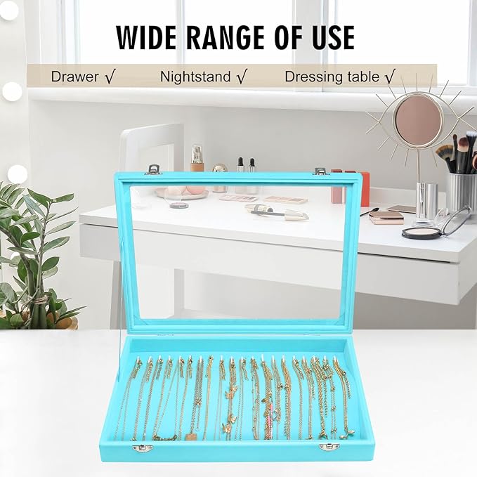 Necklace Organizer Box Premium 20 Hooks Velvet Necklace Display Jewelry Tray with Transparent Lid Jewelry Necklace Display Box for Necklace Pendants Suitable for Women and Girls (Light Blue)