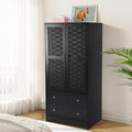 LEVNARY Armoire Wardrobe Closet with 2 Woven Doors, Wardrobe Cabinet with 2 Storage Drawers and Hanging Rail, Freestanding Wooden Closet for Bedroom (Black)