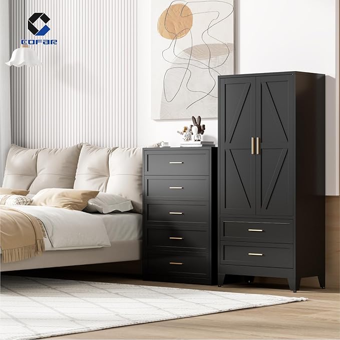 COFaR Metal Armoire Wardrobe Closet with Drawers, 71'' Tall Farmhouse Bedroom Armoires with Doors, Freestanding Steel Wardrobe Garage Closet for Bedroom Home Office Garage, Black