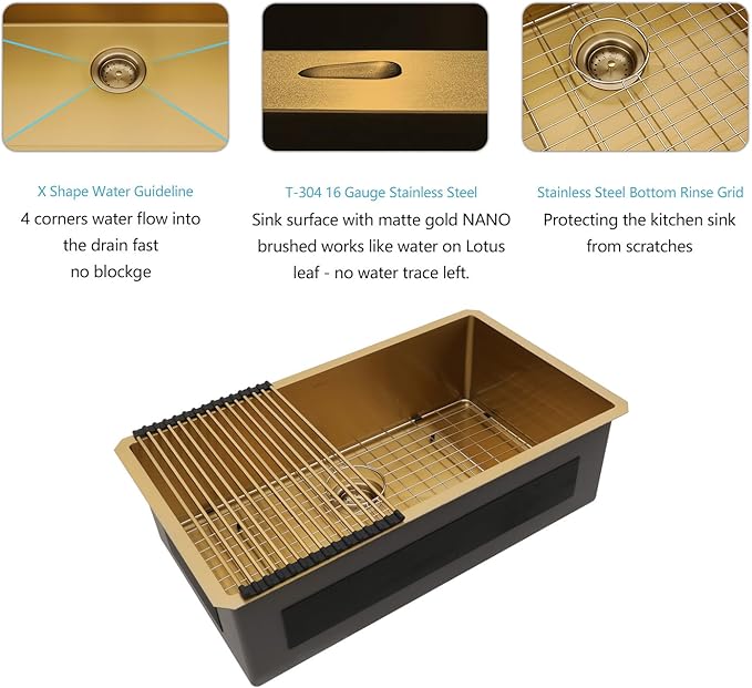 Lordear 33 Undermount Kitchen Sink 33x19 Matte Gold Undermount Sinks 16 Gauge Stainless Steel Deep Single Bowl Handmade Kitchen Sink Basin