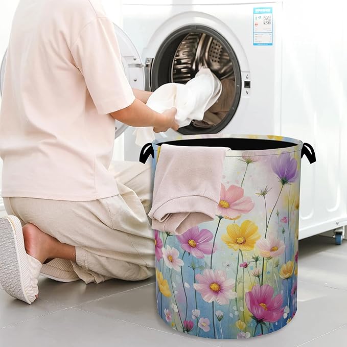 Retro Flowers Floral Laundry Hamper,Dirty Clothes Laundry Basket with Handles Waterproof Oxford Cloth Storage Basket for College Dorms Bathroom Bedroom 16" x 20.8"