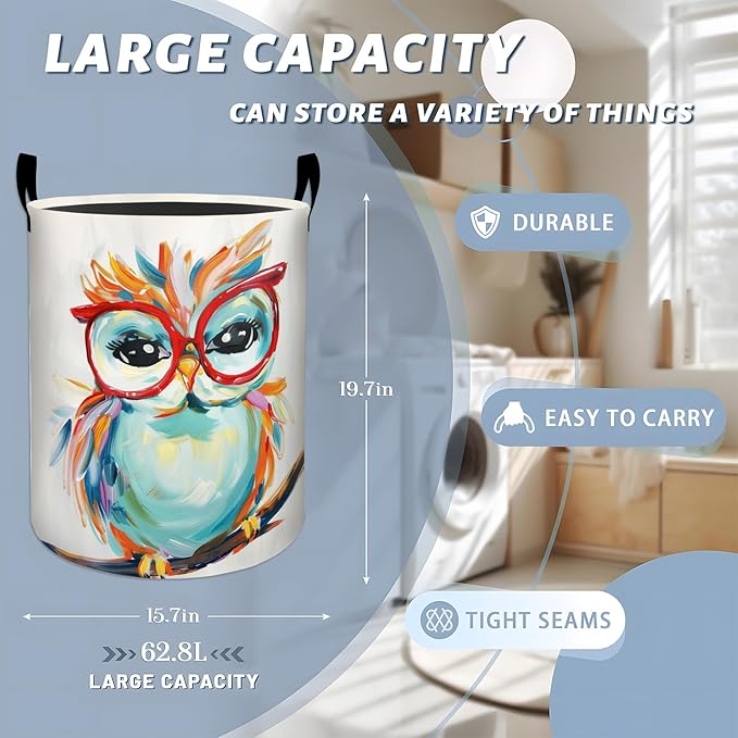 Colorful Owl in Red Glasses Laundry Basket with Handles, 19.7"x15.7" Clothes Foldable Laundry Hamper Organizer for Dorm Nursery Bedroom Bathroom Decor, Toy Storage Bin for Kids
