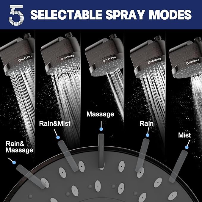High Flow Filtered Shower Head, HOPOPRO 5 Modes High Pressure Fixed Showerhead with Filter, 2-In-1 Shower Head Filter, Remove 99% Chlorine, Improves Skin Hair Condition (6 Inch Oil Rubbed Bronze)