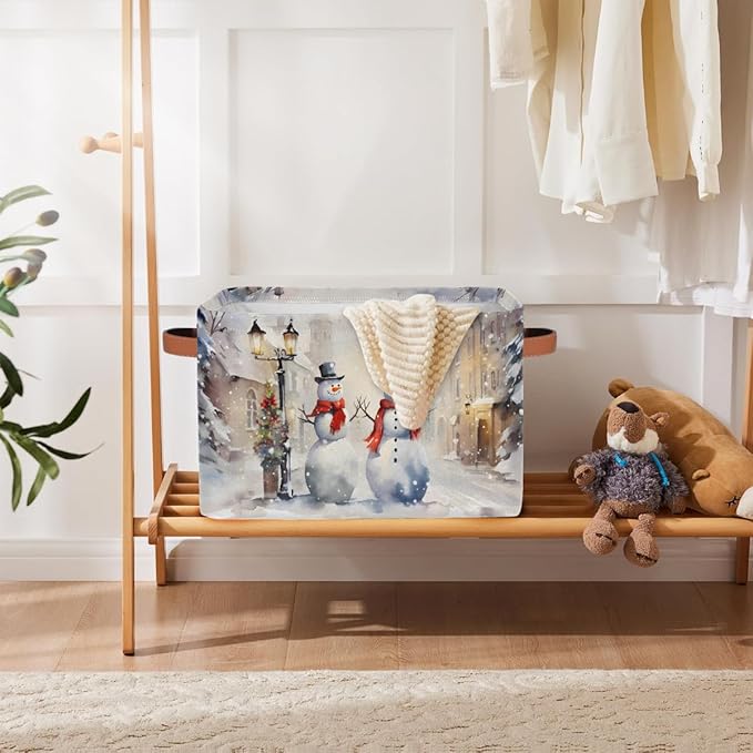 Storage Baskets Bin, Christmas Winter Snowman Collapsible Canvas Fabric Storage Bin Decorative Baskets Toy Organizer Rectangle Storage Boxes with Handles for Home Shelves Nursery, J-018