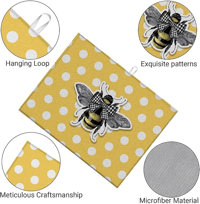 Dish Drying Mat For Kitchen Counter, Yellow Honey Bees Microfiber Absorbent Dish Drainer Rack Pad Reusable Large 18x24in Drying Mat