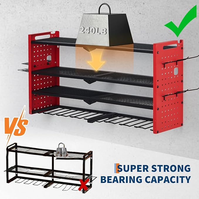 Festisoul Heavy Duty Wall Mount Tool Organizer Rack, 4-Tier Metal Garage Storage with 8 Drill Slots & Hooks, 240 Lbs Capacity Power Tool Organizer for Workshop, Garage, Gift for Men