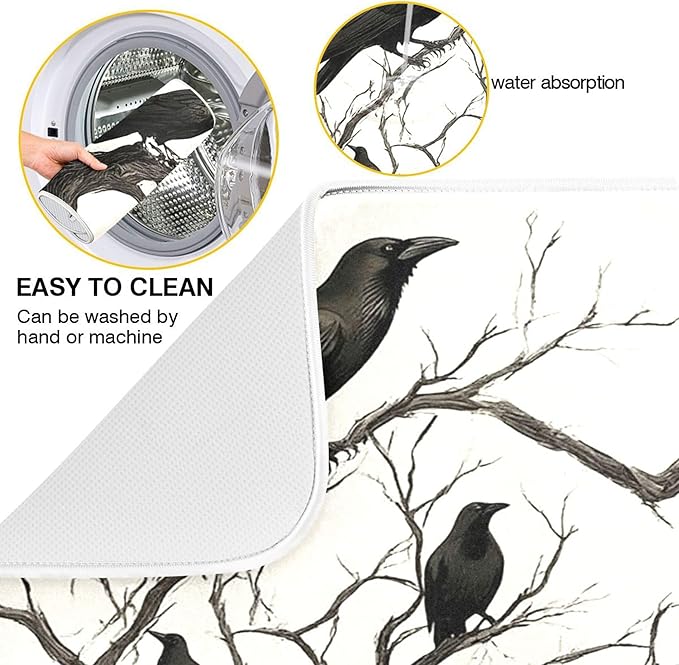 Halloween Raven Dish Drying Mat for Kitchen Countertop 16x18 Black Bat Spooky Small Drying Mat Reusable Quick Dry Dish Sink Mats Easy Clean Decorative Essentials