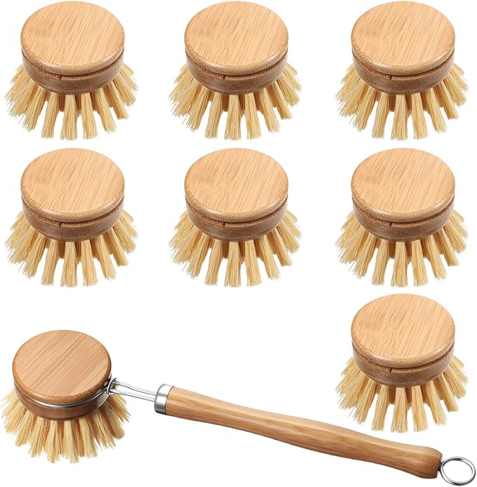 Patelai 8 Pieces Wooden Kitchen Dish Brush Include Bamboo Scrub Cleaning Brush and Replacement Heads Dish Scrubber for Kitchen Room Cleaning Supplies