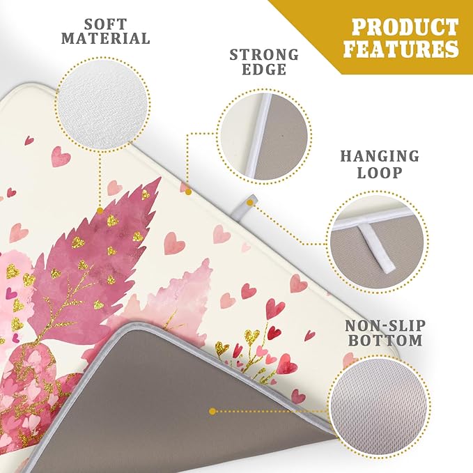 Valentines Day Pink Tree Dish Drying Mat for Kitchen Counter 24x18 Inch Heart Drying Mat with Absorbent Reversible Microfiber Love Dish Drainer Mats Rack Pad for Coffee Countertop Protector