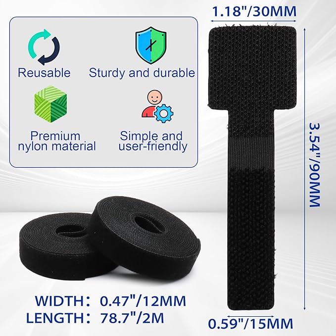 Rierdge Cable Management Kit - 40 Heavy-Duty Self-Adhesive Hook & Loop Ties with 2 Extra-Long Extension Straps for Desk, Home Office & Workshop (Black)