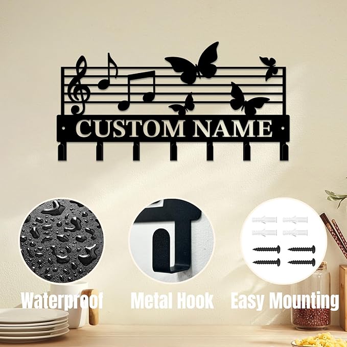 Personalized Custom Music Wall Hooks,Metal Music Room Art Clothes Hooks,Metal Music Wall Home Storage Decorative,For Front Door, Hallway, Kitchen, Bedroom,Keys,Hats (Style E)