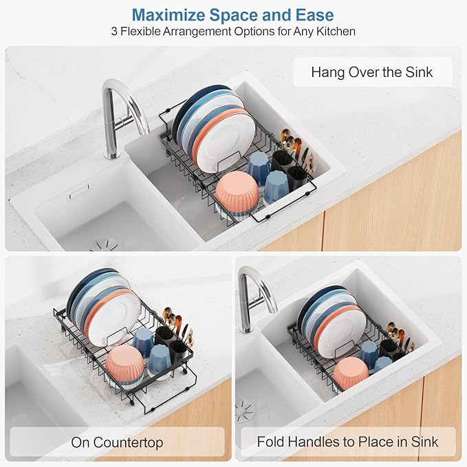 iSPECLE Expandable Dish Drying Rack with Silicone Sink Protector for Kitchen Sink, Rust Resistant Adjustable Dish Drainer, Arms with Non Slip Rubber, 12.8" W x 12.4"-17.1" L, Black