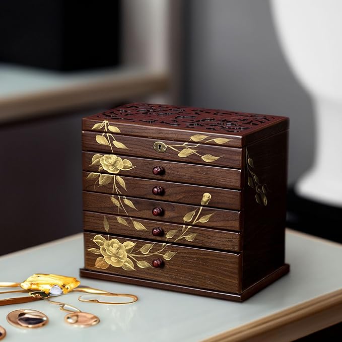 Hand-painted rose Wooden Jewelry Box, 7 Layer Jewelry Organizer, Vintage Wooden Jewelry Boxes for Women,jewelry holder organizer,5 drawer dresser,necklace organizer box with lock