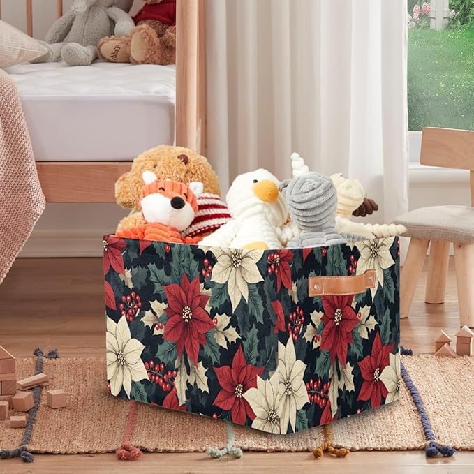 Storage Baskets Bin, Christmas Winter Poinsettia Collapsible Canvas Fabric Storage Bin Decorative Baskets Toy Organizer Rectangle Storage Boxes with Handles for Home Shelves Nursery, J-007