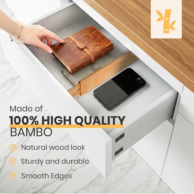 Palok Kisna Adjustable Bamboo Drawer Dividers, Drawer Organizer for Kitchen, Bedroom, Bathroom, Office Desk, Dresser Nursery & Silverware, Natural Wooden Separators with Soft Foam Ends, Expandable