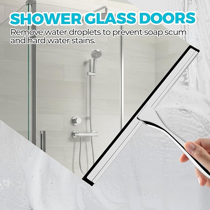 ALFLOD 10-Inch All-Purpose Shower Squeegee for Shower Doors, Tile Shower Walls, Bathroom, Window, Glass and Car Windshield, Mirrors and Kitchen-Stainless Steel, Silver