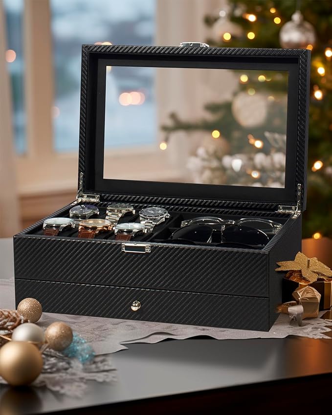 GUKA Watch box, 6 Slot Watch Case, 3 Slot Sunglass Organizer, Watch Cases for men with Real Glass Lid, Watch Organizer storage with Jewelry Case, Birthday for Men and Women, Black