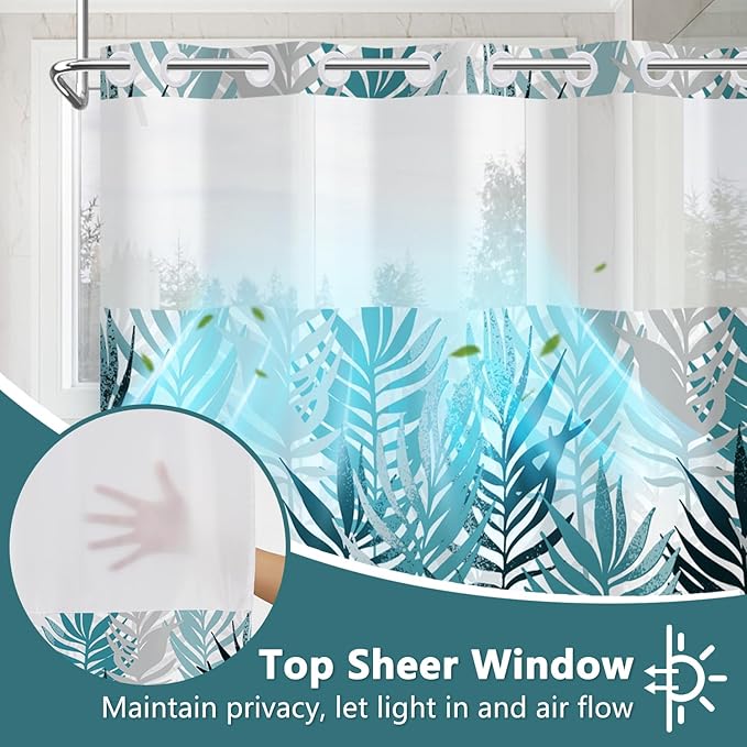 TQUQOBU No Hook Boho Dark Emerald Leaves Shower Curtain with Liner, Waterproof Washable Fabric Shower Curtain, Modern Abstract Botanical Decorative Bathroom Curtains with Top Sheer Window, 71x74 Inch