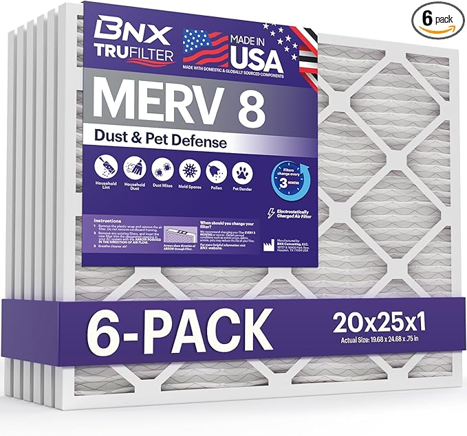 BNX TruFilter 20x25x1 Air Filter MERV 8 (6-Pack) - MADE IN USA – Dust & Pet Defense Electrostatic Pleated Air Conditioner HVAC AC Furnace Filters for Dust, Pet, Mold, Pollen MPR 600 – 700 & FPR 5