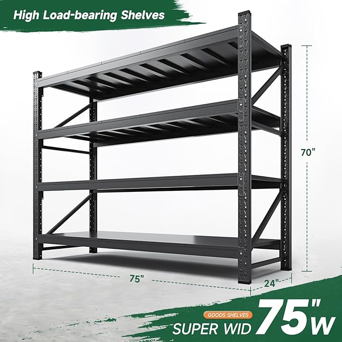 Letaya 8000LBS Storage Shelves Heavy Duty,75" W Garage Shelving Units, 4 Tier Adjustable Utility Rack Shelf,Large Metal Industrial Shelves,for Shop,Warehouse,Basement (75" W x 24" D x 70" H)