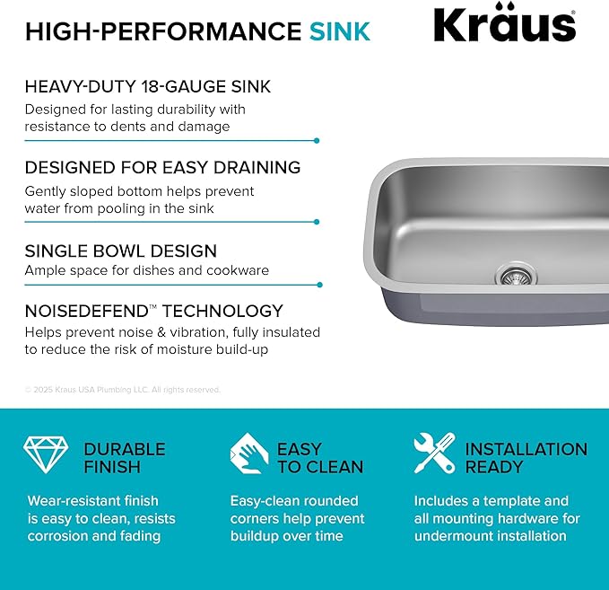 Kraus 31 1/2 Inch Stainless Steel Kitchen Sink, Durable 18 Gauge Single Bowl Kitchen Sinks Undermount, KBU14