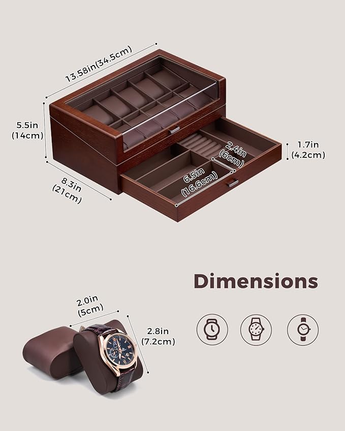 ProCase Wooden Watch Box for Men, Wood Watch Display Case Men's Jewelry Organizer Box with Drawer -12 Slot, Walnut
