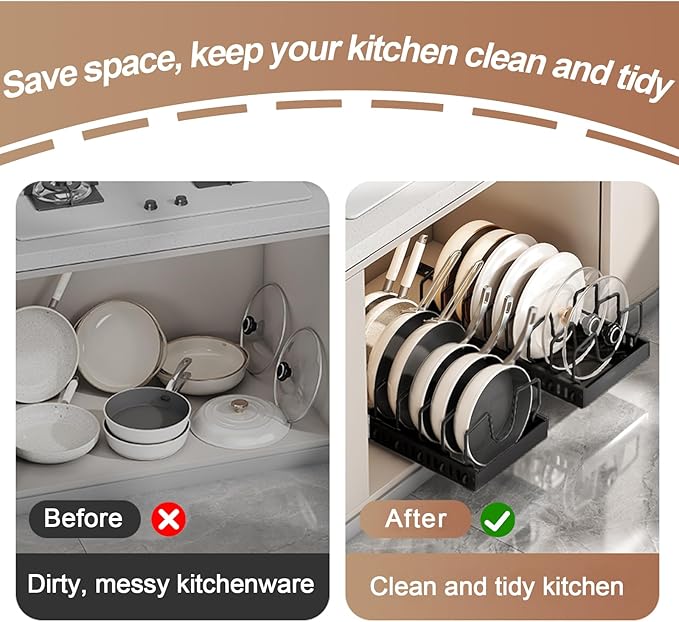 Enskatec Pots and Pans Organizer Under Cabinet, Sliding Pot Lid Holder and Pan Rack in Kitchen, Pull out Pot and Pan Organizer, for Pot Lid, Bakeware, Dishes, Pots and Pans Storage