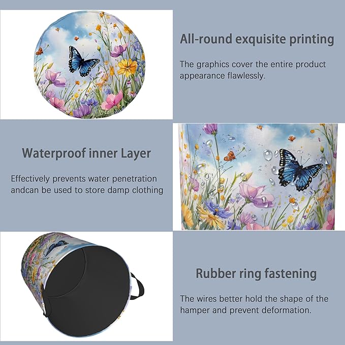 Wildflowers Butterfly Laundry Basket,Floral Garden Oxford Cloth Laundry Hamper with Handle Foldable Portable Clothes Storage Basket for Bathroom Bedroom Dorm Room 16" x 20.8"