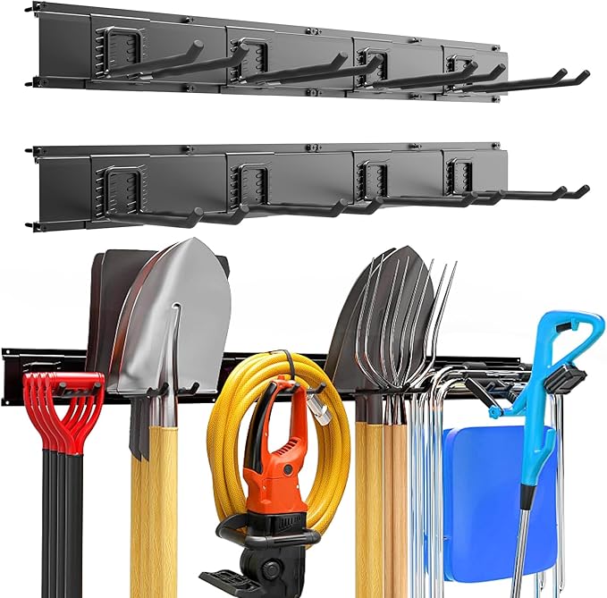 Garage Garden Tool Organizer Wall Mount, Heavy Duty Garage Tool Storage Rack 64 Inches, Max Load 440lb - Shovel, Rake, Folding Chair, Weed Eater Storage