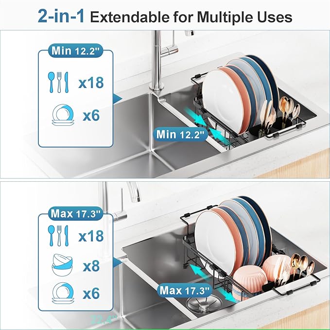 iSPECLE Small Sink Dish Drying Rack, Expandable Compact Rust Resistant Dish Drainer for RV Apartment Kitchen, Dish Rack with Tightening Knob, Arms with Non Slip Rubber, 9.1" W x 12.2"-17.3" L, Black