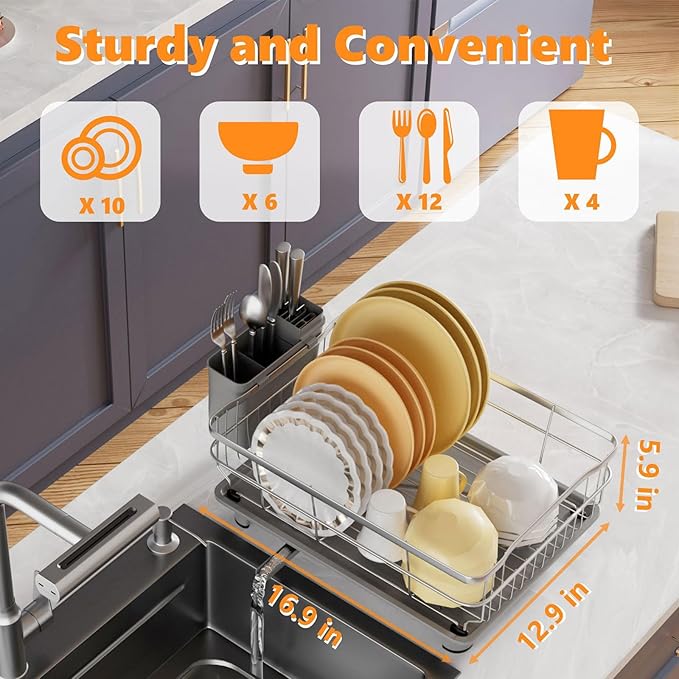 AIDERLY Stainless Steel Dish Drying Rack with Drainboard Dish Drainers for Kitchen Counter Extendable Spout Strainers with Utensil Holder and Knife Slots, Grey