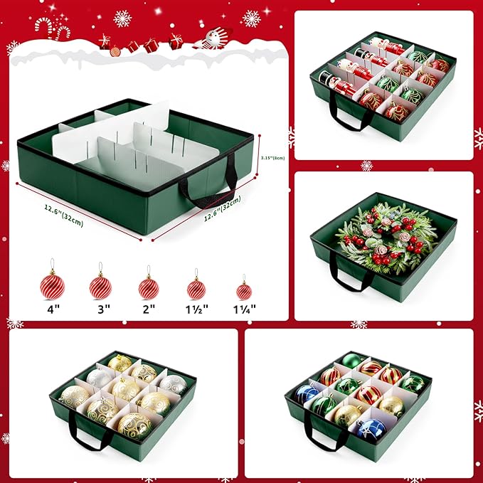 Christmas Ornament Storage Box - Large & Sturdy Christmas Storage Container with Adjustable Dividers, 8 Individual Trays and Handles, Holds up to 128 Holiday Decorations (Green)
