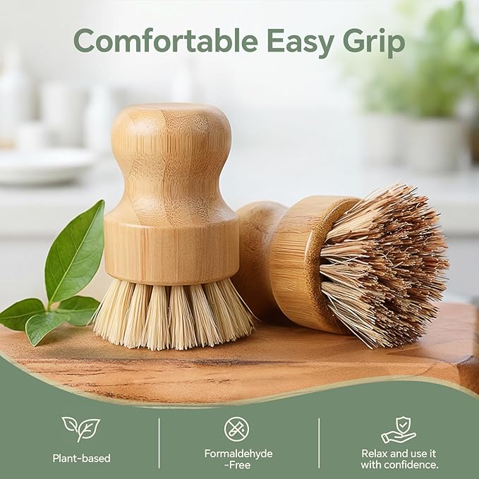 Waisul Bamboo Dish Brush Set, 4 Pack, Plastic-Free (2 Medium Sisal, 2 Firm Coconut Coir), Dish Scrubber & Vegetable Brush for Cast Iron, Nonstick