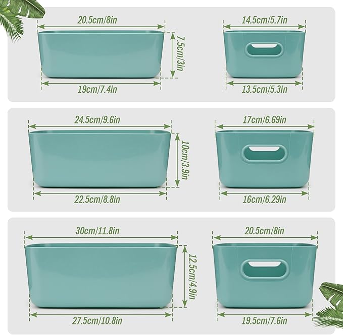 6-Pack Plastic Storage Bins Baskets of 3 Sizes, Cabinet Organizer Pantry Organizing Baskets with Handles, Cupboard Box Containers for Home Kitchen Bathroom Classroom Office, Blue and Green