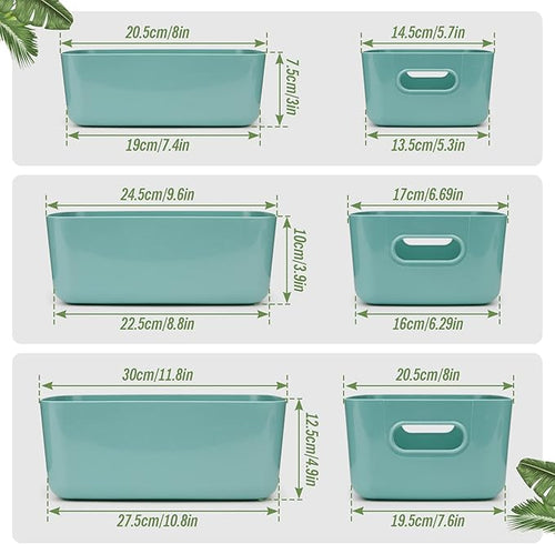 6-Pack Plastic Storage Bins Baskets of 3 Sizes, Cabinet Organizer Pantry Organizing Baskets with Handles, Cupboard Box Containers for Home Kitchen Bathroom Classroom Office, Blue and Green