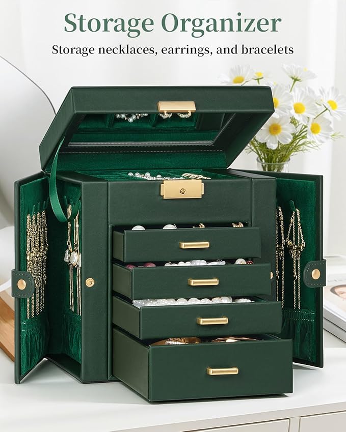 TORIBIO Jewelry Box for Women, Leather Jewelry Organizer with Mirror & Lock, 5-Tier Jewelry Storage Organizer with 4 Drawers for Girls/Women/Mothers, Necklace Earring Bracelets Holder Organizer