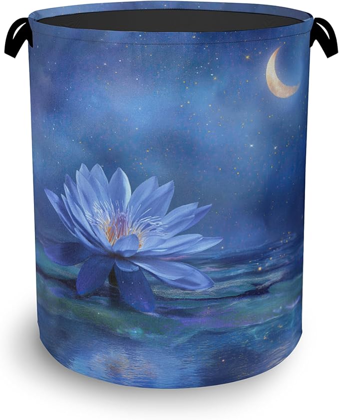 Water Lily Laundry Basket,Moon Oxford Cloth Laundry Hamper with Handle Foldable Portable Clothes Storage Basket for Bathroom Bedroom Dorm Room 16" x 20.8"