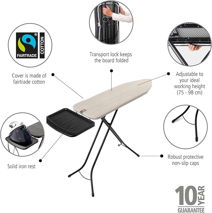 Brabantia Size B Ironing Board (49x15 in) 7 Height Options, Solid Steam Unit Rest Holder (Denim Gray) Non-Slip Feet, Anti-Collapse Child Locks