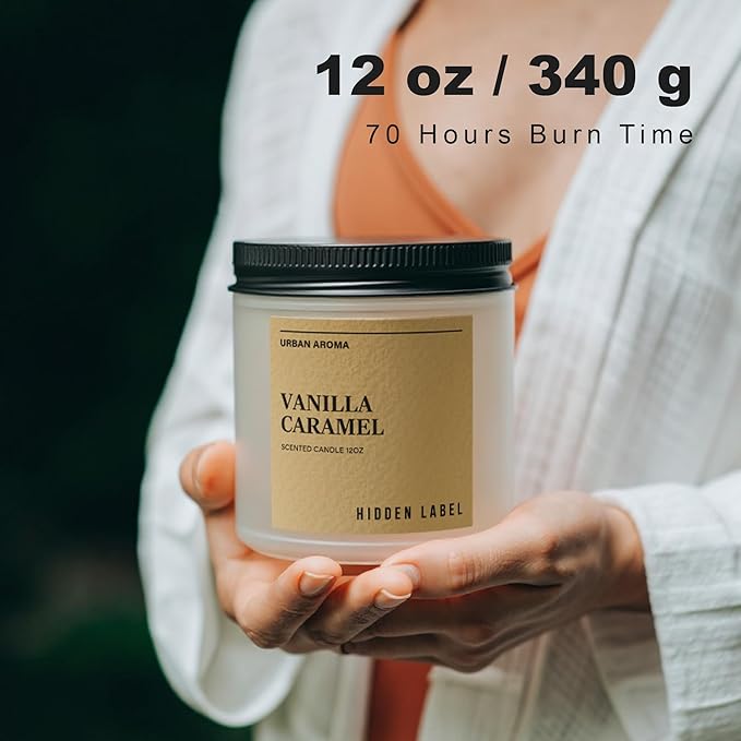 Hidden Label Vanilla Caramel Scented Candle, 12oz 2 Wick Non Toxic Candles for Home Scented, Natural Soy Wax Clean Burning Aromatherapy Candle, 70H Long Lasting for Gifts Stress Relief & Relaxation