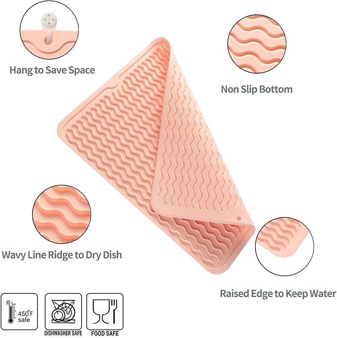 MicoYang Silicone Dish Drying Mat for Multiple Usage,Easy clean,Eco-friendly,Heat-resistant Silicone Mat for Kitchen Counter or Sink,Refrigerator or drawer liner Pink L 16 inches x 12 inches