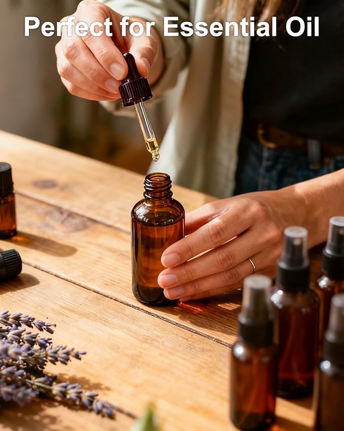 KEYWING 35 Pack Small Amber Glass Spray Bottles for Essential Oils, 4oz Empty Fine Mist Mini Spray Bottles, Refillable Containers for Hair, Travel, Plants, Cleaning, Skin Care