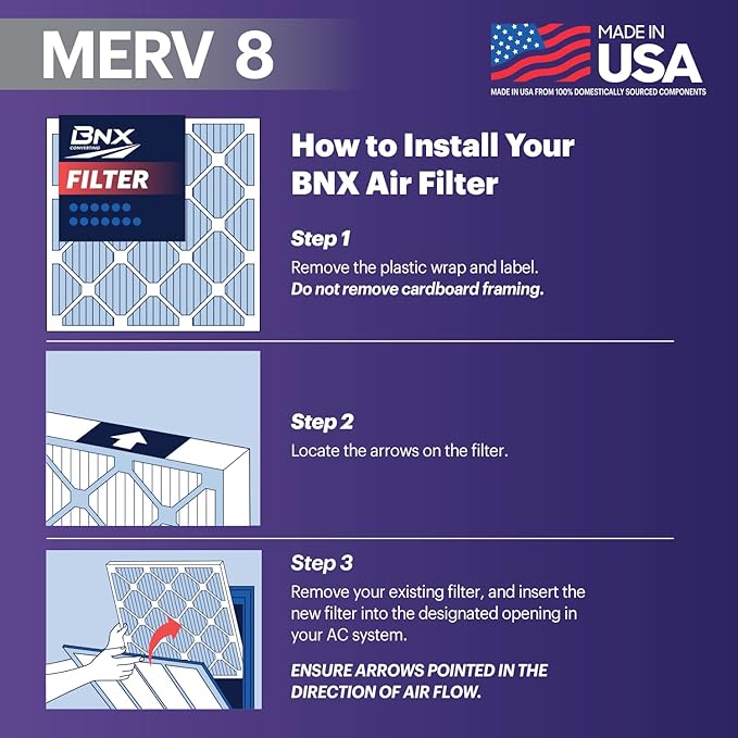 BNX TruFilter 20x25x1 Air Filter MERV 8 (6-Pack) - MADE IN USA – Dust & Pet Defense Electrostatic Pleated Air Conditioner HVAC AC Furnace Filters for Dust, Pet, Mold, Pollen MPR 600 – 700 & FPR 5