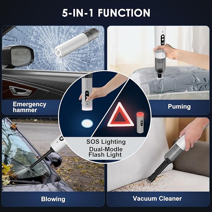 PINXC Mini Vacuum Cleaner Cordless 15000PA High Power,Handheld Car Vacuum, 5 in 1 Portable Vacuum for Car, Home & Pet Hair, Type-C Rechargeable, LED Display,Up to 30 Mins Runtime, Multi-Nozzles