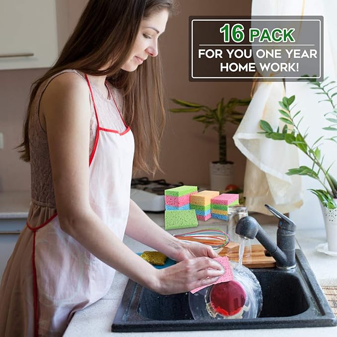 PANYEE Cleaning Scrub Colored Sponge,Non-Scratch Kitchen Cellulose Dishwashing Sponge,16Pack Biodegradable Natural Sponge