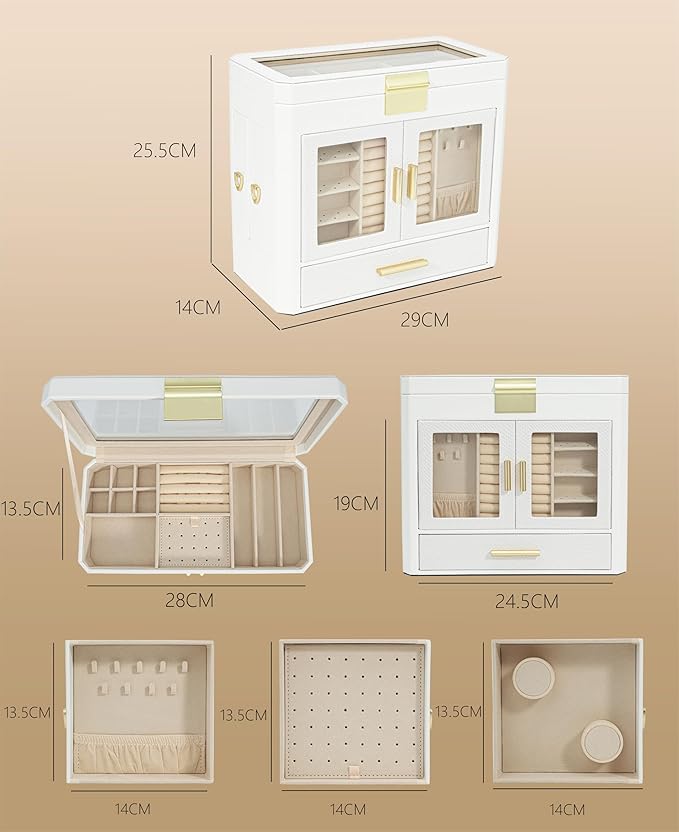 11" Large Jewelry Box White Woven PU Leather Storage Case Holds 100+ Pieces, Jewelry Case with Metal Handles for Necklaces, Rings, Earrings – Elegant Gift for Women