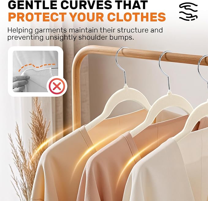 SIshynio 30 Pack Premium Velvet Shirt Hangers, Non-Slip Slim Flocked Clothes Hanger with 360° Swivel Hook, Space Saving Felt Hangers for Coats, Sweaters, Tank Top, Blouses(Beige)