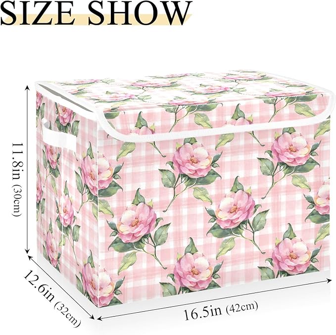 Collapsible Storage Bins with Lids, Pink Rose Flower Floral Buffalo Plaid Checkered Storage Boxes for Organizing
