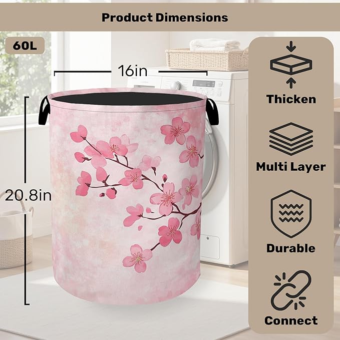 Pink Cherry Blossoms Laundry Basket - Extra Large Foldable Laundry Hamper for Bathroom/Laundry/Bedroom/Dorm, Washable Fabric Storage Bin with Handles